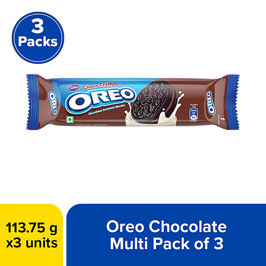 Cadbury Oreo Chocolate Flavour Creme Sandwich Biscuit, 3 X 113.75 G Multipack