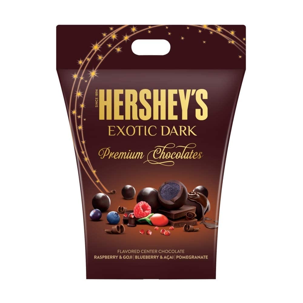 Hersheys Exotic Dark Chocolate Valentine Gift Box For Her&Him, 90Gram, Dark Cocoa Rich Chocolate And Exotic Fruit Flavours Like Blueberry & Acai Raspberry & Goji And Pomegranate|