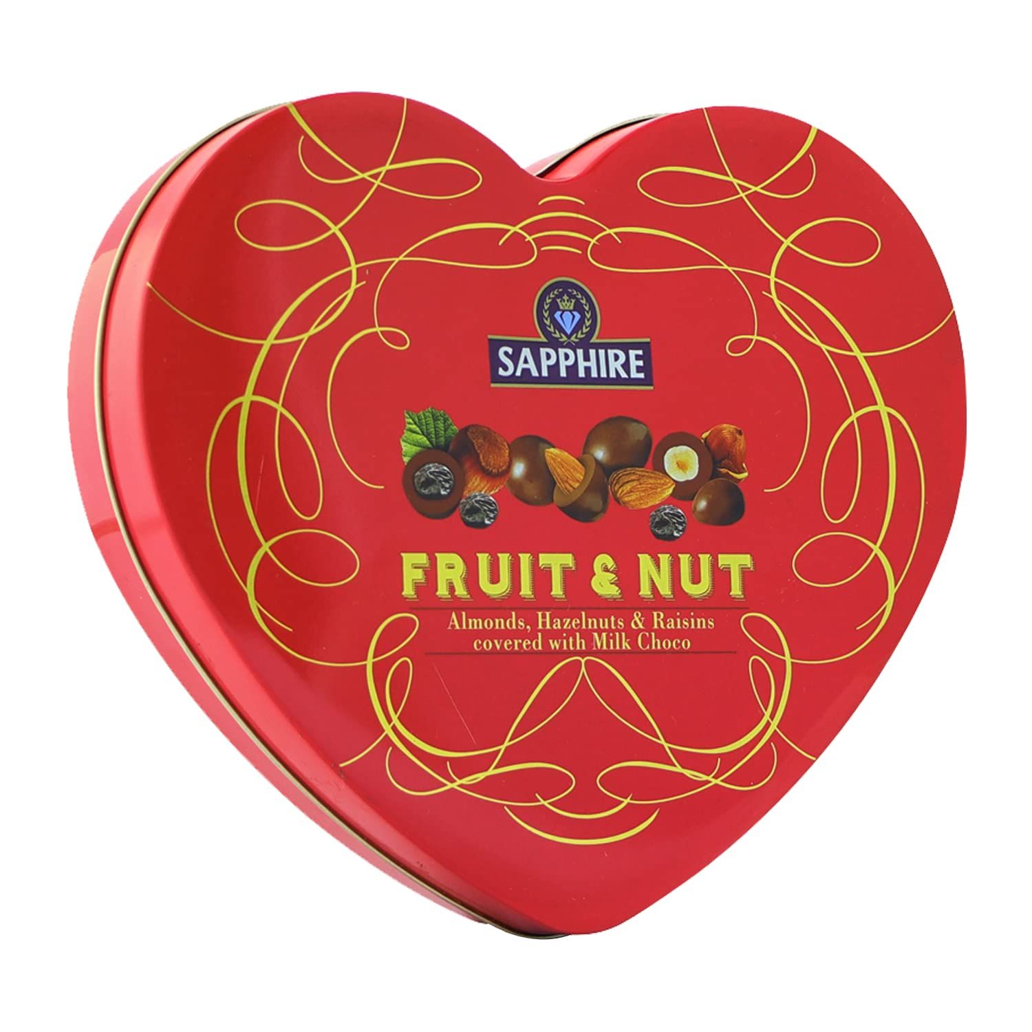 Sapphire Fruit And Nut Heart Tin Box Pouch, 160 G, Mouth Melting Milk Chocolate With Nutritious And Nutty Crunch