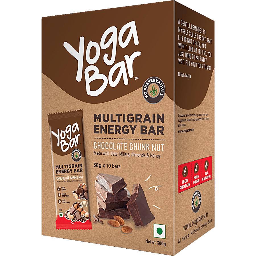 Yoga Bar Multigrain Energy Bar, Chocolate Chunk Nut, Healthy, High In Protein & Fibre, 38 G (Pack Of 10)
