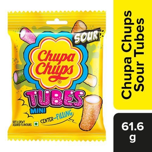 Chupa Chups Sour Mini Tubes Mixed Fruit Flavour Soft & Chewy Toffee, 61.6 G