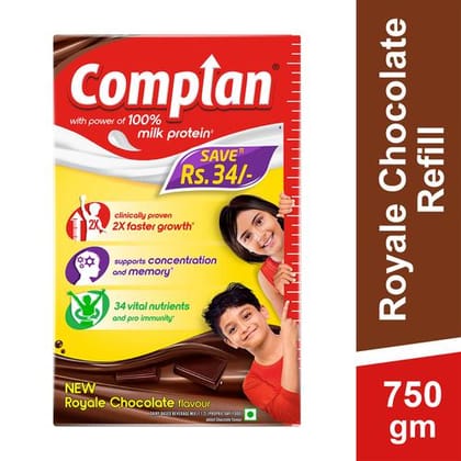 Complan Royale Chocolate Nutritious Health Drink, Vitamin C & A Supports Kids Immune, Clinically Proven For 2X Faster Growth Formula, 750 G Carton