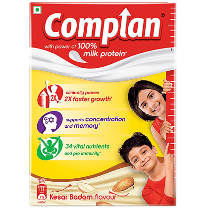Complan Nutrition & Health Drink, Improves Concentration & Memory, Kesar Badam Flavour, 200 G Carton