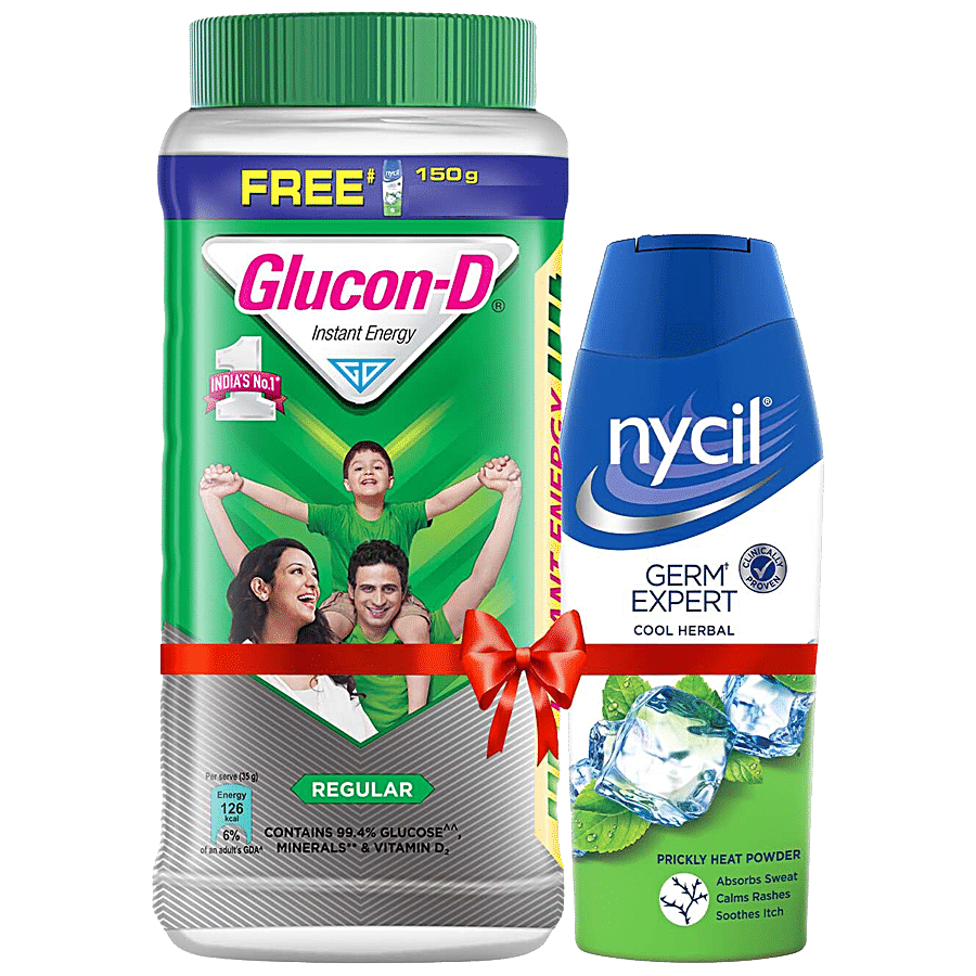 Glucon-D Instant Energy Nutrition Drink - Regular, 1 Kg (Get Nycil Cool Herbal 150 G Talc Free)