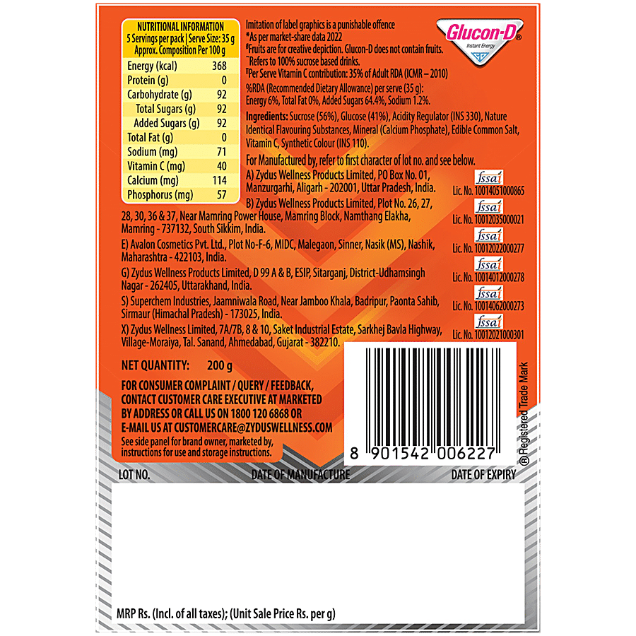 Glucon-D Instant Energy Health Drink, Tangy Orange, 200 G Refill