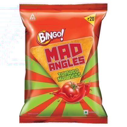 Bingo! Mad Angles Tomato Madness, Tangy & Crispy Corn, Based Triangle Chips Pack For Snacks, 66G