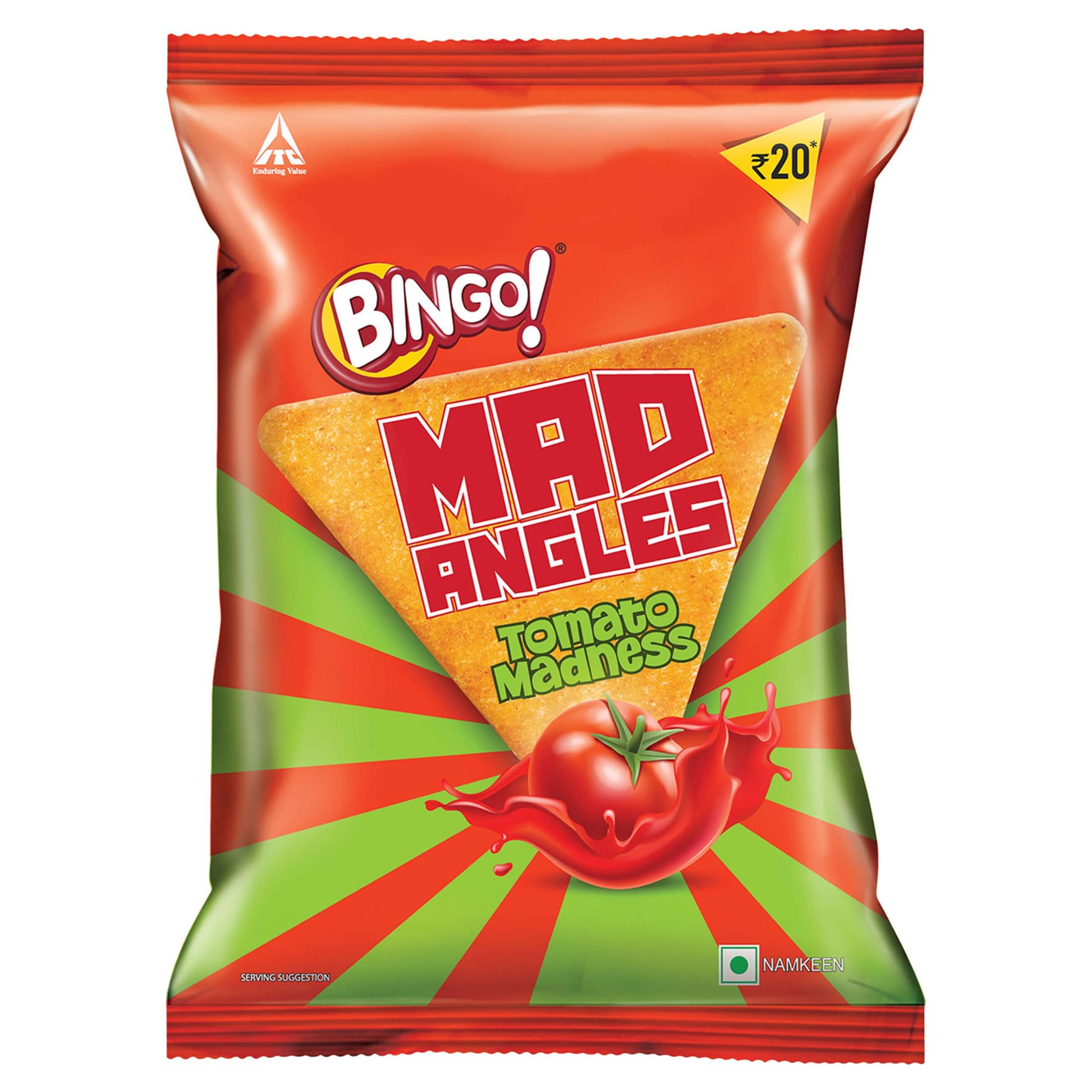 Bingo! Mad Angles Tomato Madness, Tangy & Crispy Corn, Based Triangle Chips Pack For Snacks, 66G