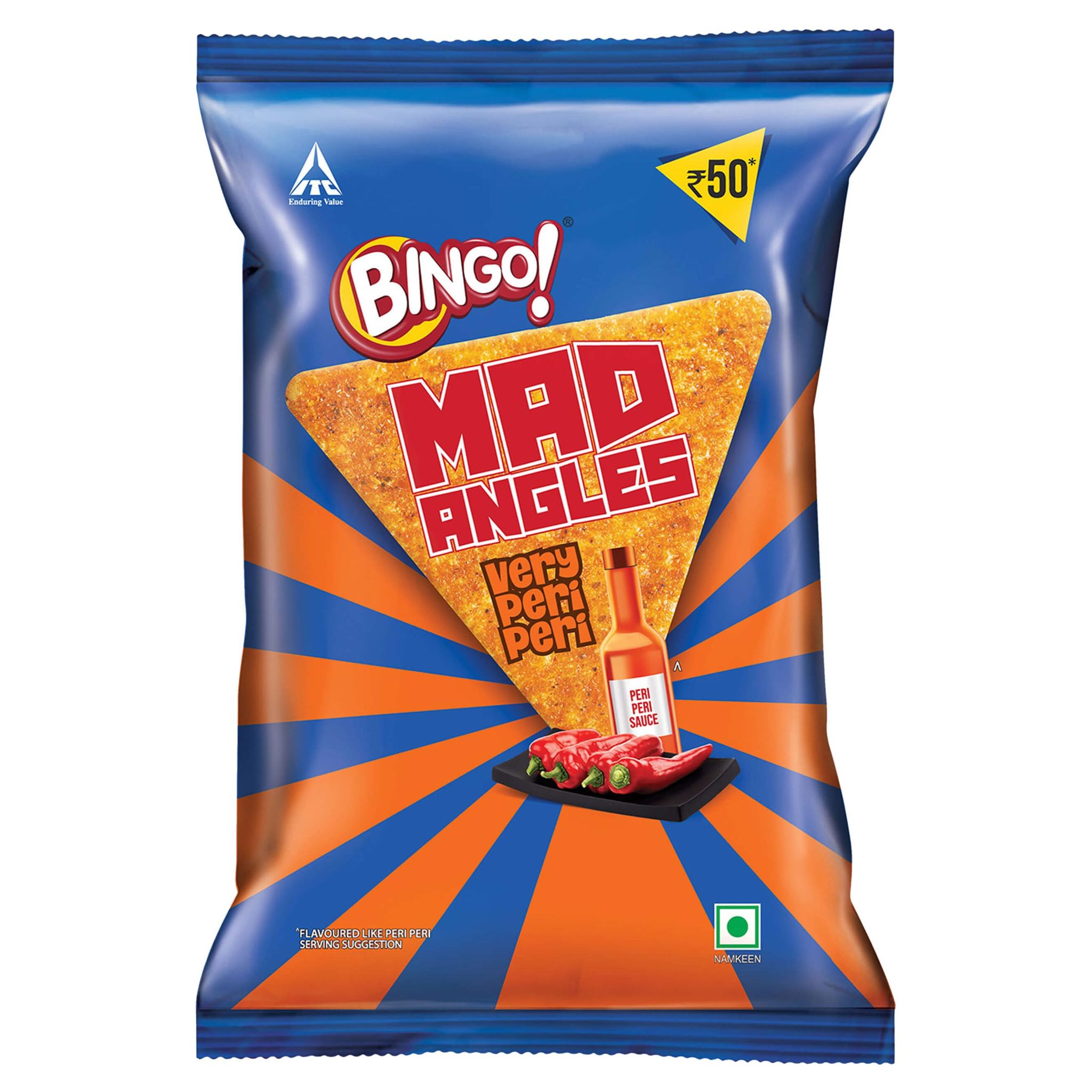 Bingo! Mad Angles Very Peri Peri, Spicy & Crunchy Corn, Based Triangle Chips Pack For Snacks, 117G/130G