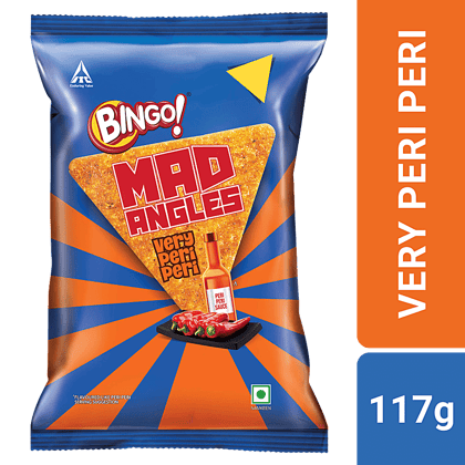 Bingo! Mad Angles Very Peri Peri, Spicy & Crunchy Corn, Based Triangle Chips Pack For Snacks, 117G/130G