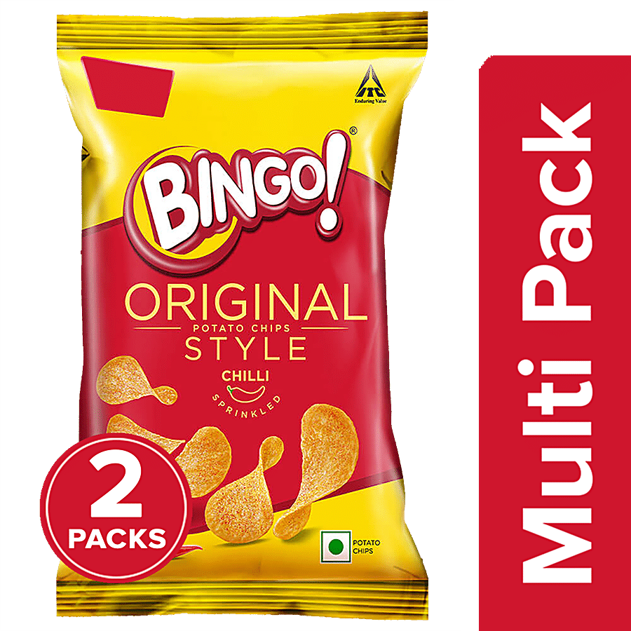 Bingo! Original Style Chilli Sprinkled, Flat Cut Spicy Potato Chips Pack For Snacks, 90G