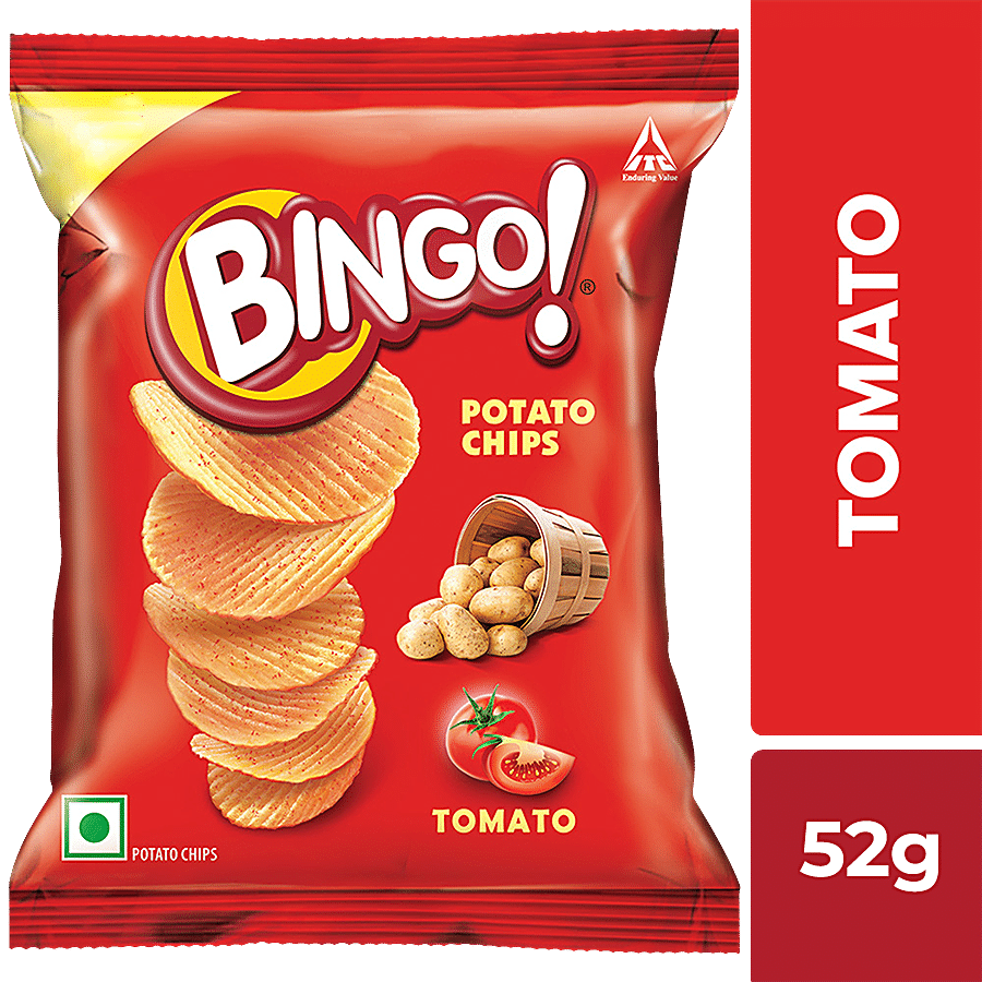 Bingo Potato Chips, Tomato Flavour, Crispy & Tangy, Pack For Snacks, 52 Gm Pouch