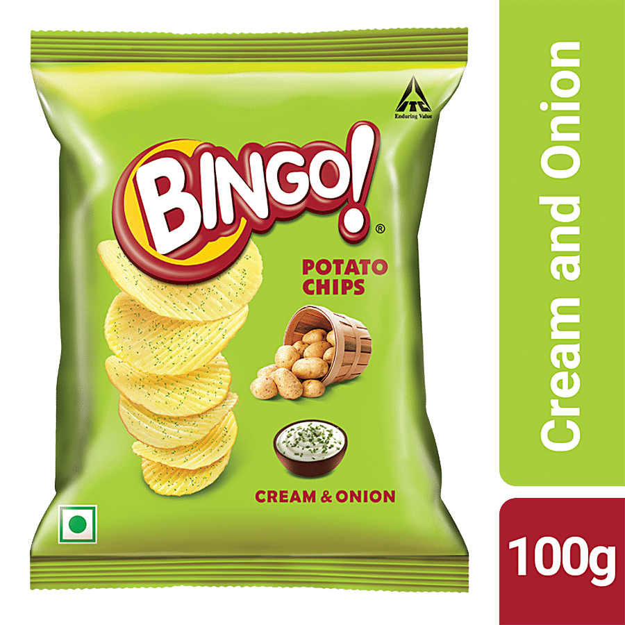 Bingo Potato Chips, Cream & Onion, Crispy & Crunchy, Pack For Snacks, 100 G
