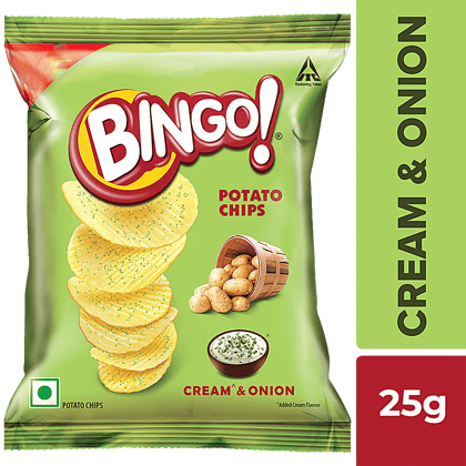 Bingo Potato Chips, Cream & Onion Chips, Crispy & Crunchy, Pack For Snacks, 25 G Pouch