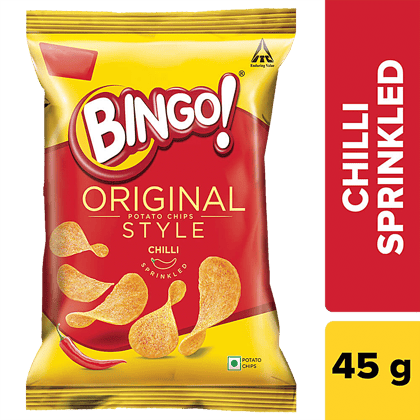 Bingo Original Style Chilli Sprinkled Flat Cut Spicy Potato Chips, 45G