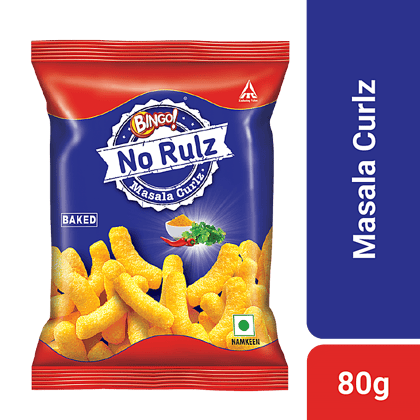 Bingo! No Rulz Masala Curlz, Masala Flavoured Super Light & Super Tasty Baked Puffs, 80G