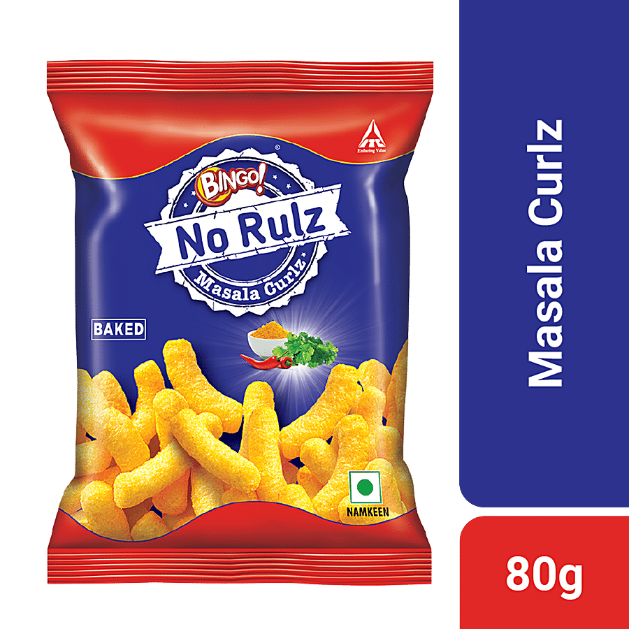 Bingo! No Rulz Masala Curlz, Masala Flavoured Super Light & Super Tasty Baked Puffs, 80G