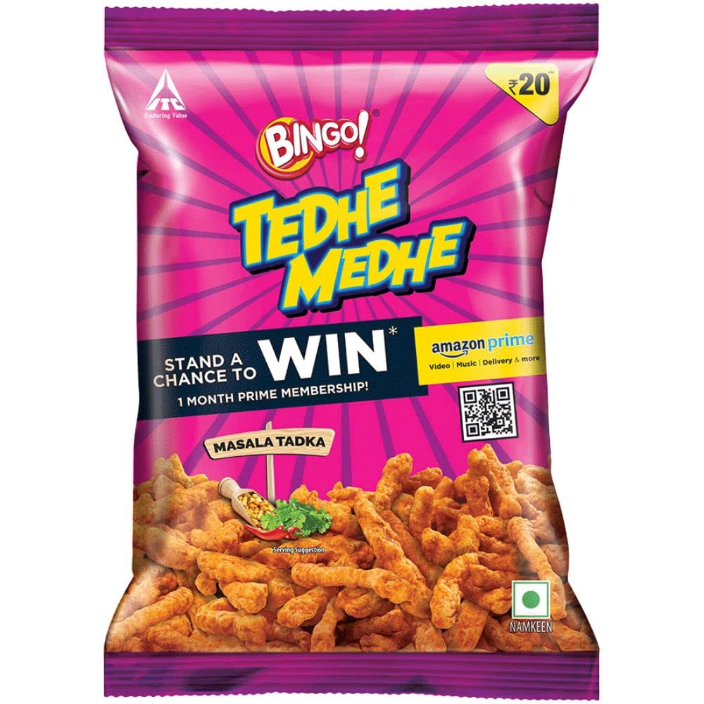 Bingo! Tedhe Medhe Masala Tadka, Spindle Shaped Crunchy Snack With Indian Masala Flavour Perfect For Snacking, 85G