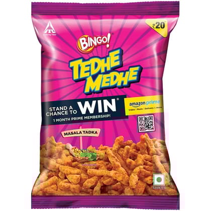 Bingo! Tedhe Medhe Masala Tadka, Spindle Shaped Crunchy Snack With Indian Masala Flavour Perfect For Snacking, 85G