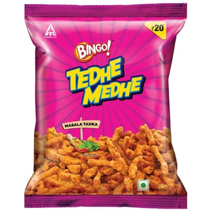 Bingo! Tedhe Medhe Masala Tadka, Spindle Shaped Crunchy Snack With Indian Masala Flavour Perfect For Snacking, 85G