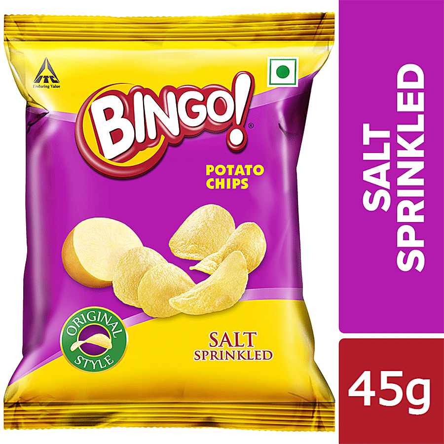Bingo Flat Cut Salted Potato Chips, Original Style, Salt Sprinkled, Pack For Snacks, 45G