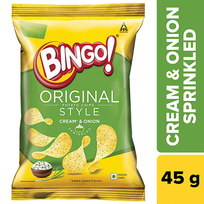 Bingo Flat Cut Potato Chips, Original Style, Cream & Onion, Perfect For Snacking, 52 G Pouch