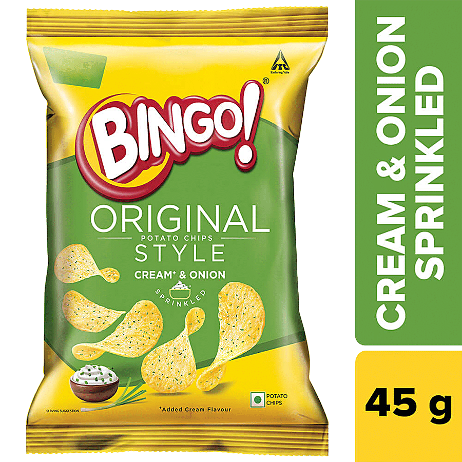Bingo Flat Cut Potato Chips, Original Style, Cream & Onion, Perfect For Snacking, 52 G Pouch