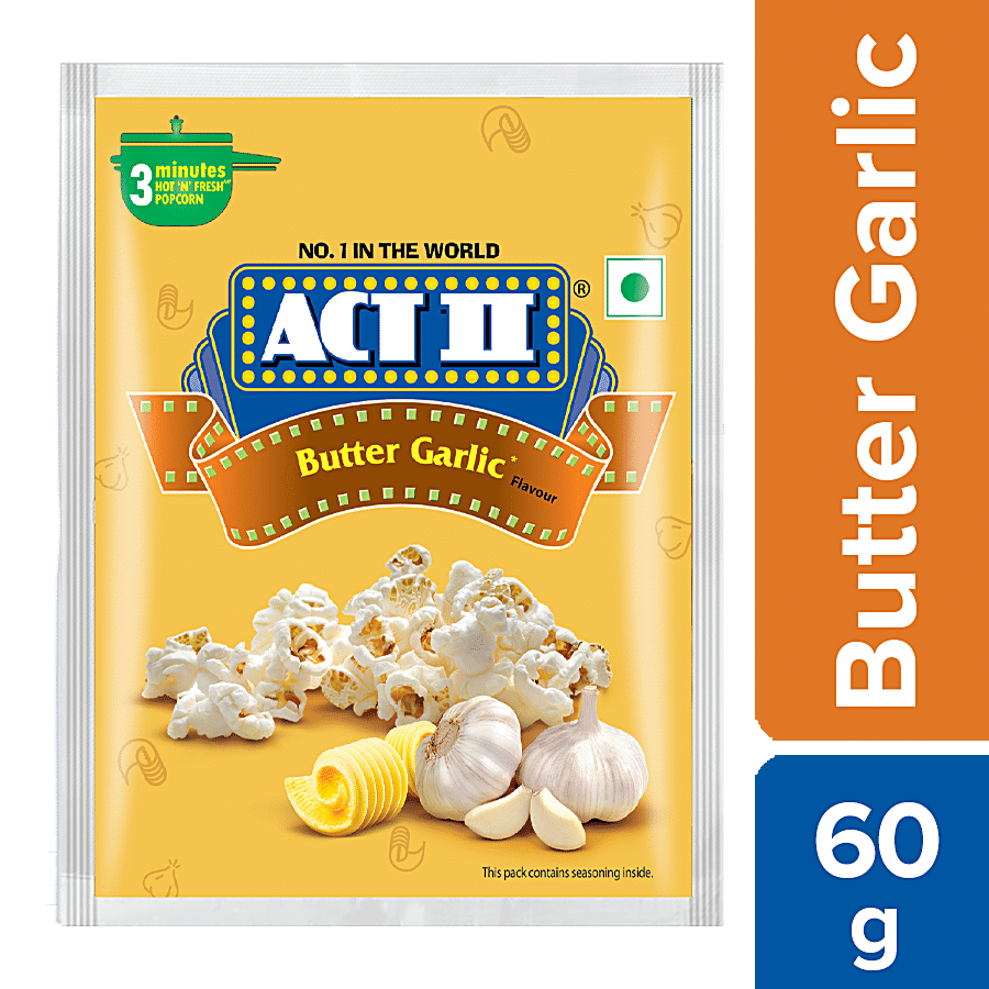 Act Ii Instant Popcorn, Butter Garlic Flavour, Snacks, 60 G Pouch