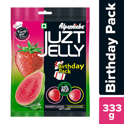 Alpenliebe Juzt Jelly Strawberry & Guava Flavour Soft Candy - Assorted, Birthday Pack, 333 G (90 Pcs)