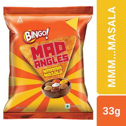 Bingo Mad Angles Mmmmm Masala -Corn-Based Crunchy Chips, Perfect For Snacking, 33 G Pouch