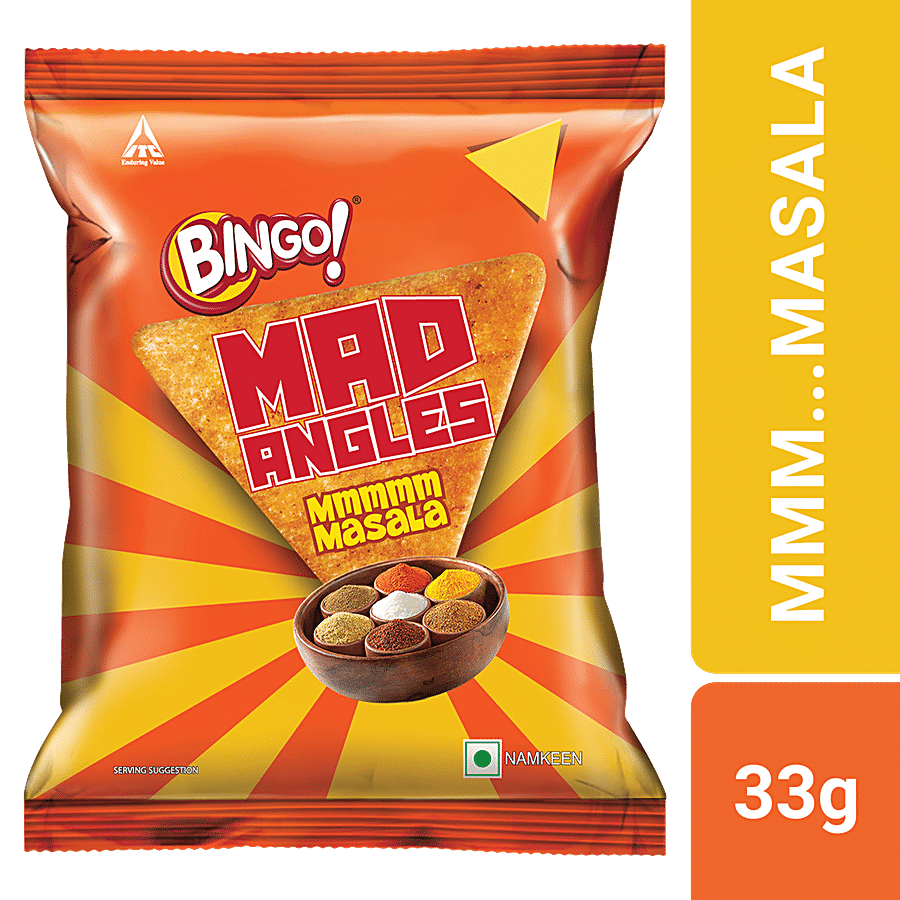 Bingo Mad Angles Mmmmm Masala -Corn-Based Crunchy Chips, Perfect For Snacking, 33 G Pouch
