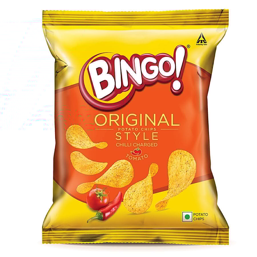 Bingo Original Style Chilli Charged Tomato - Flat Cut Spicy & Tangy Potato Chips Pack For Snacks, 58 G Pouch