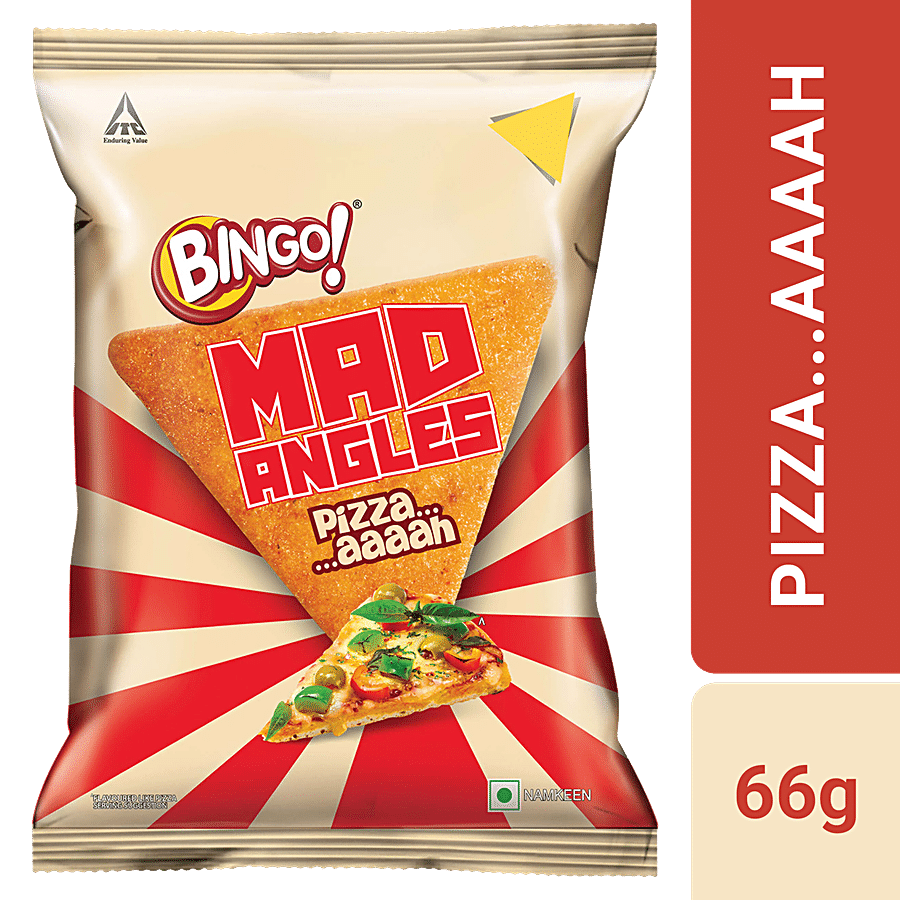 Bingo Mad Angles Pizzaaaaah -Pizza Flavour Corn Based Triangle Chips Pack For Snacks, 66 G