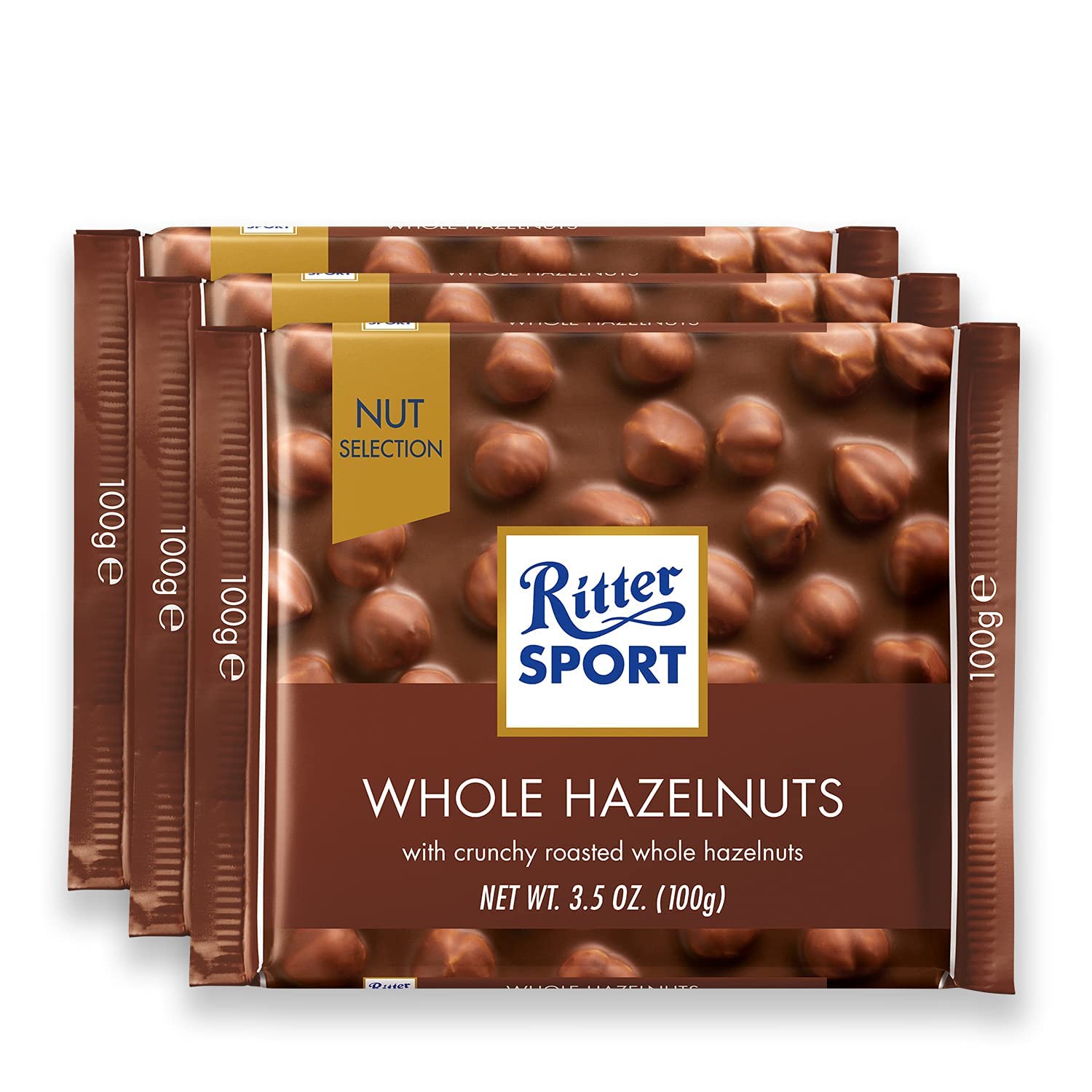 Ritter Sport Whole Hazelnut Milk Chocolate 100G (Pack Of 3) Chocolates Nut Selection, Product Of Germany, Milk Chocolate With Whole Hazelnuts | Nutritious And Nutty Crunch