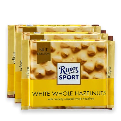 Ritter Sport Whole Hazelnuts White Chocolate 100G (Pack Of 3) Chocolates In Nut Selection, Product Of Germany, Chocolate With Nuts | Nutritious And Nutty Crunch