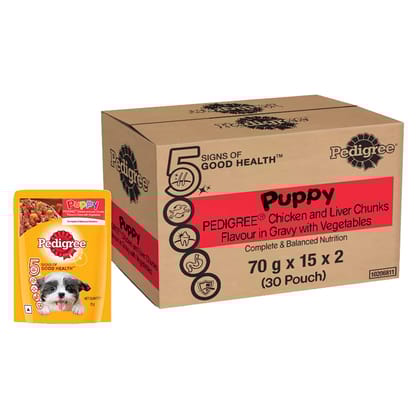 Pedigree Puppy Wet Dog Food Chicken And Liver Chunks Flavour In Gravy With Vegetables, Pack Of 30 Pouches ( 30 X 70 G ),Pack Of 30