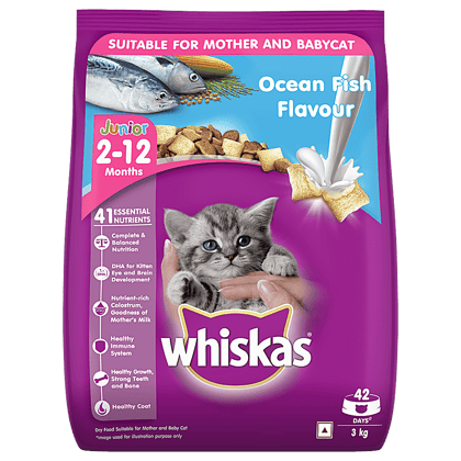 Whiskas Dry Cat Food - 2-12 Months, Ocean Fish Flavour With Milk, 3 Kg