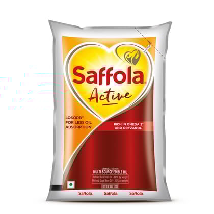 Saffola Active Refined Oil|Blend of Rice Bran Oil & Soyabean Oil|Cooking Oil|Pro Weight Watchers Edible Oil 1 Litre Pouch