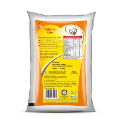 Saffola Active Refined Oil|Blend of Rice Bran Oil & Soyabean Oil|Cooking Oil|Pro Weight Watchers Edible Oil 1 Litre Pouch