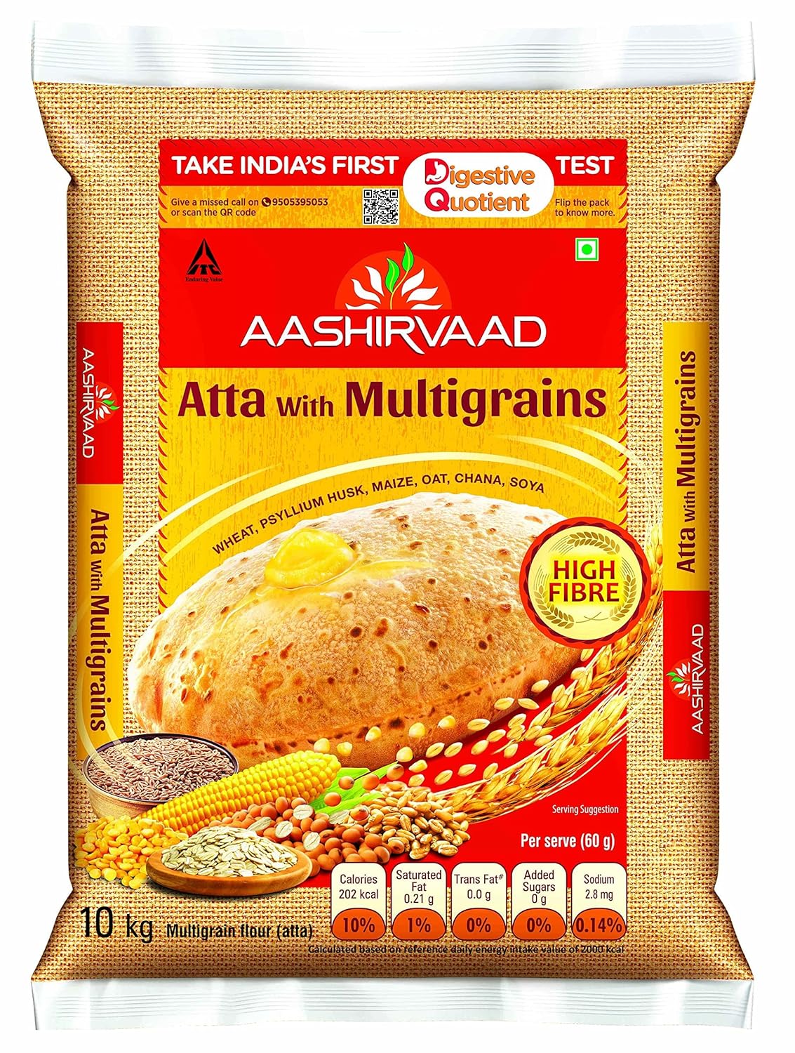 Aashirvaad Atta With Multigrains, 10Kg Pack, The High Fibre Atta