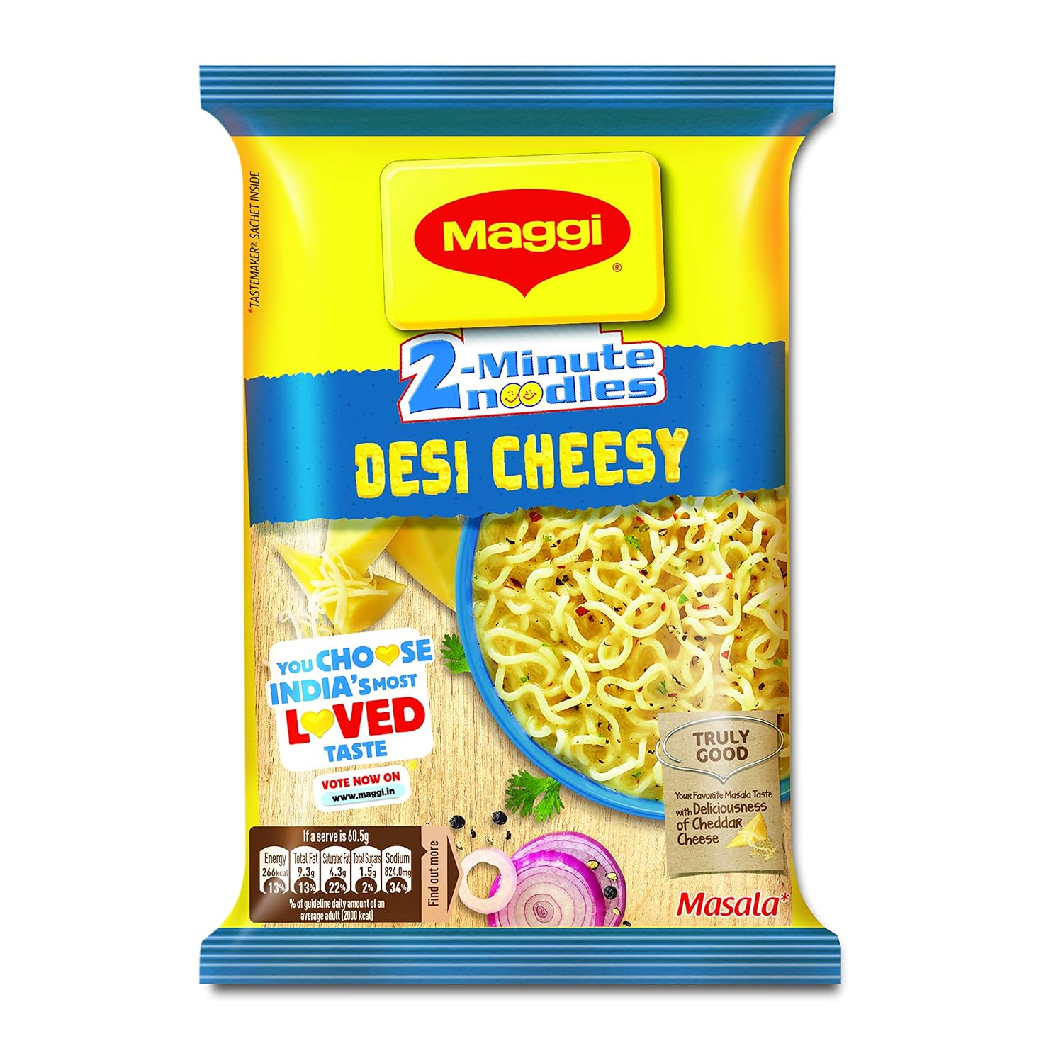 Maggi 2-Minute Instant Noodles, Desi Cheesy Masala Pouch, 60.5g