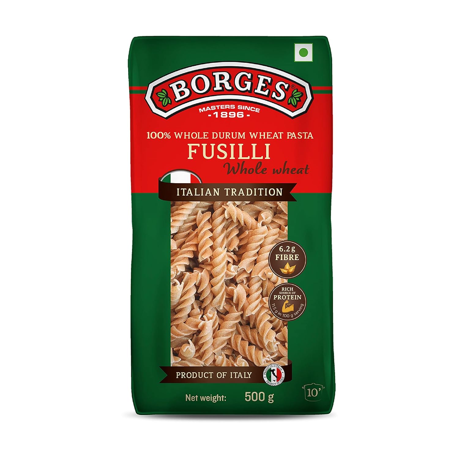 Borges High Protein, Fiber, Trans Fat Free And Cholesterol Free Whole Wheat Fusilli Pasta (500 Grams)