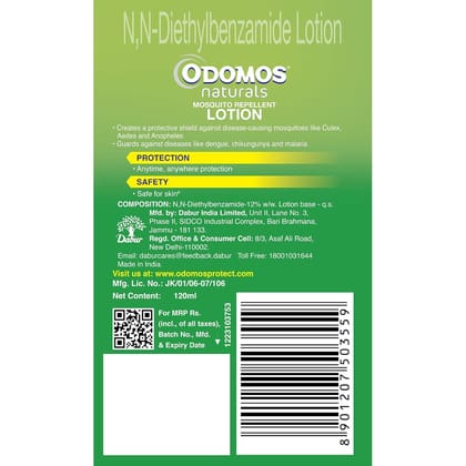 Dabur Odomos Naturals Mosquito Repellant Lotion -120Ml,Clinically Tested & Pediatrician Certified,8 Hours Protection In Single Application,Protection Against Dengue, Malaria & Chikungunya,Safe On Skin