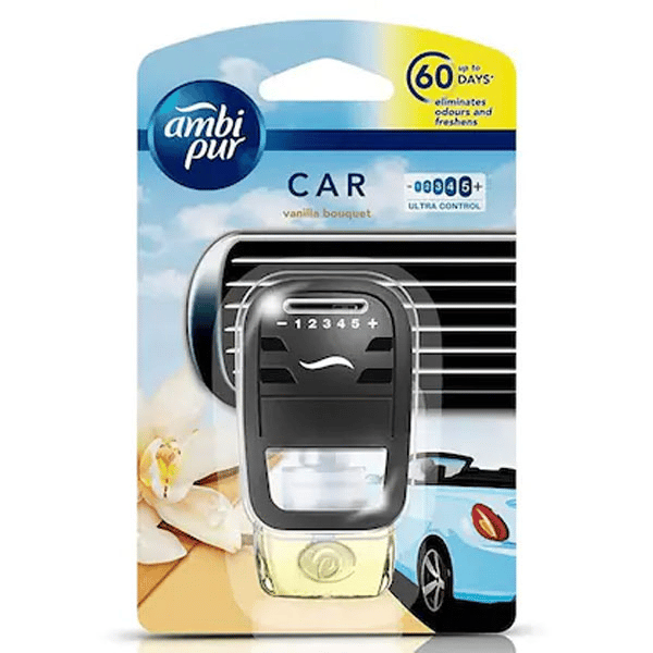 Ambi Pur Vanilla Bouquet Car Freshener, 7.5 ml (1 Diffuser + 1 Perfume Bottle)