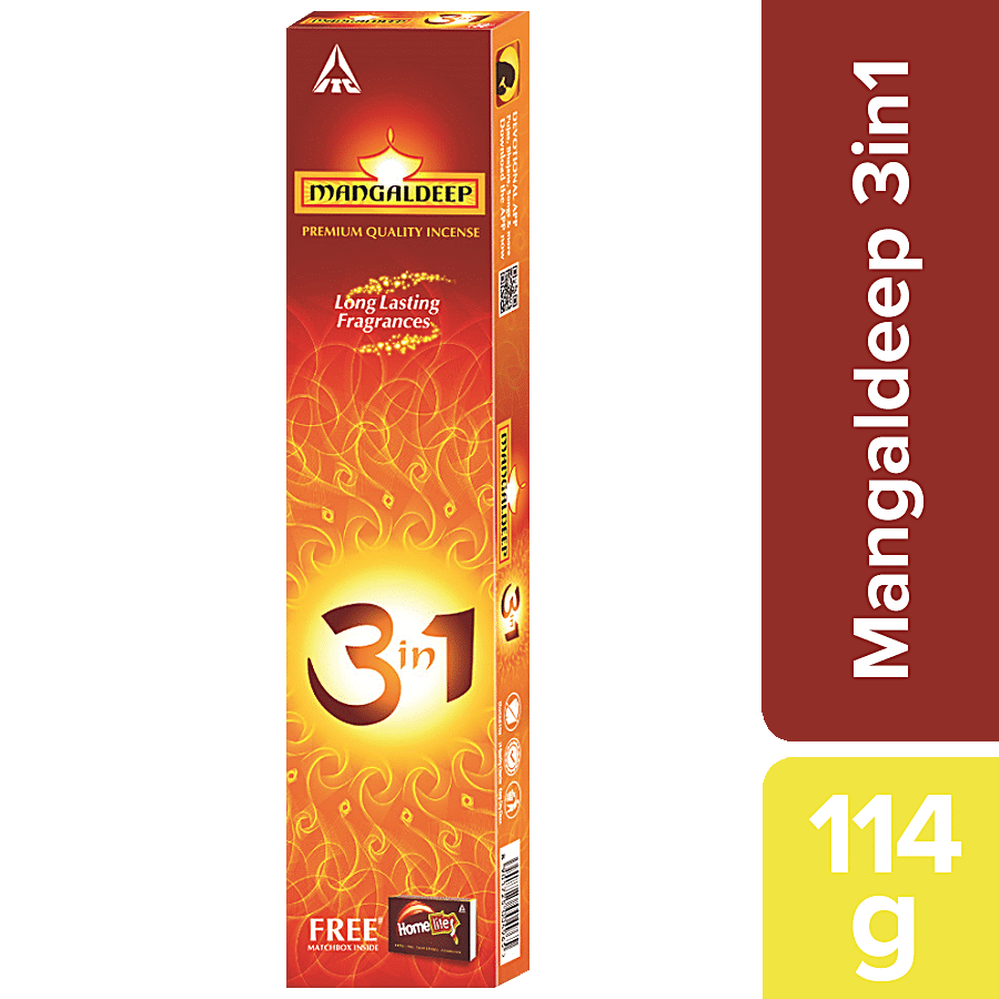 Mangaldeep 3 In 1 Agarbatti - Premium Quality Incense, Long Lasting Fragrances, Charcoal Free, 114 G (Get Free Matchbox Inside)