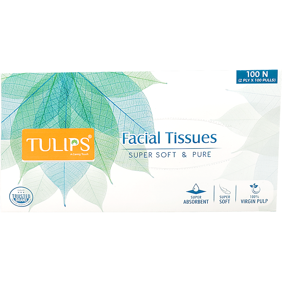 Tulips Facial Dry Tissue Paper - Super Soft, Super Absorbent & 100% Pure, 2Ply, 100 Pulls Pp Box