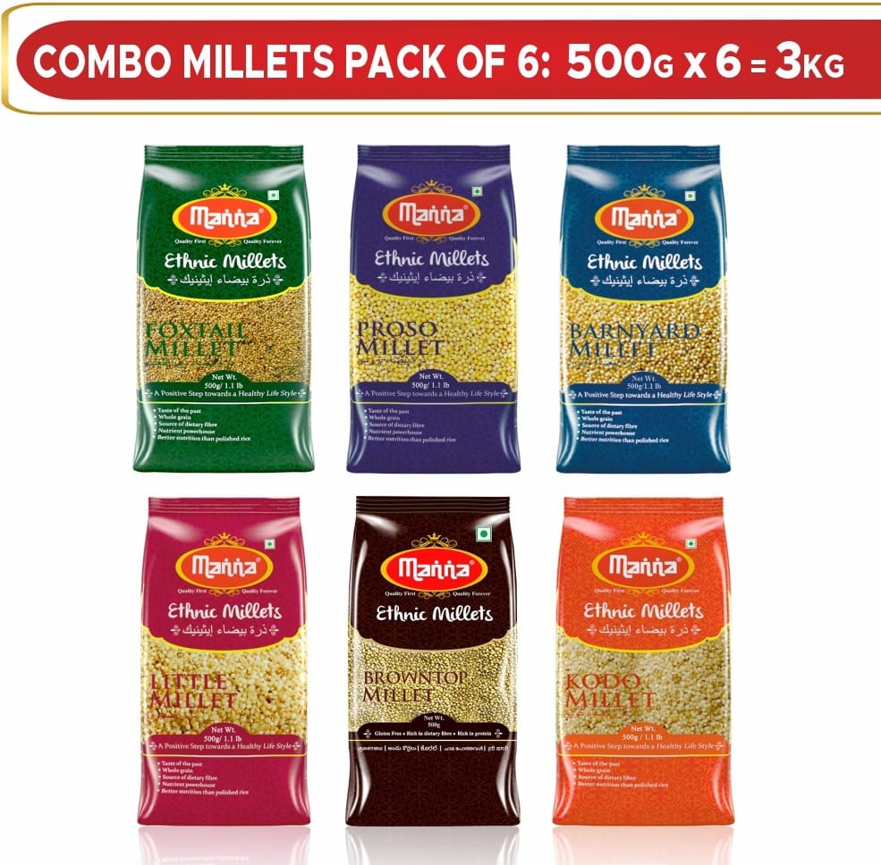 Manna Browntop, Foxtail, Kodo, Proso, Barnyard & Little High Fiber Unpolished Mixed Millet (3 Kg, Pack Of 6)