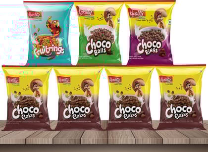 Kwality Combi Pack Of 7 With Chocos, Fruit Rings, Breakfast Cereal For Kids Pouch (7 X 20 G)
