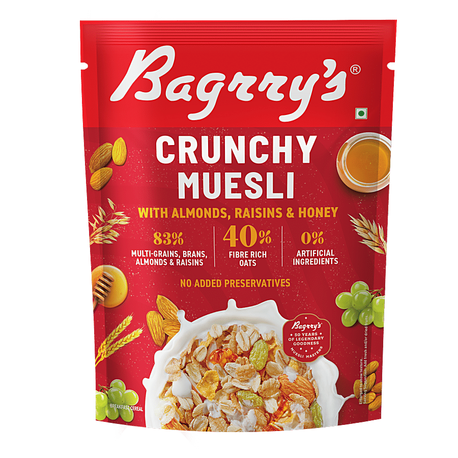 Bagrrys Crunchy Muesli - 40% Fiber Rich Oats With Bran, 82% Multi Grains, Almonds, Raisins & Honey, 425 G Pouch