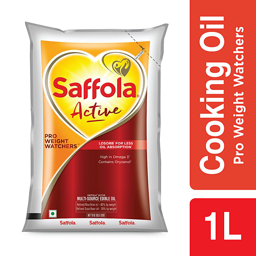 Saffola Active Refined Cooking oil | Blended Rice Bran & SoyaBean oil | Pro Weight Watchers, 1 L Pouch