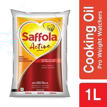 Saffola Active Refined Cooking oil | Blended Rice Bran & SoyaBean oil | Pro Weight Watchers, 1 L Pouch Saffola Active Refined Cooking oil | Blended Rice Bran & SoyaBean oil | Pro Weight Watchers, 1 L Pouch